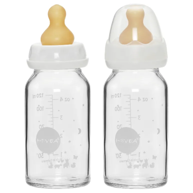 Hevea Standard Neck Glass Baby Bottles- 120ML/ 4oz, Two-Pack