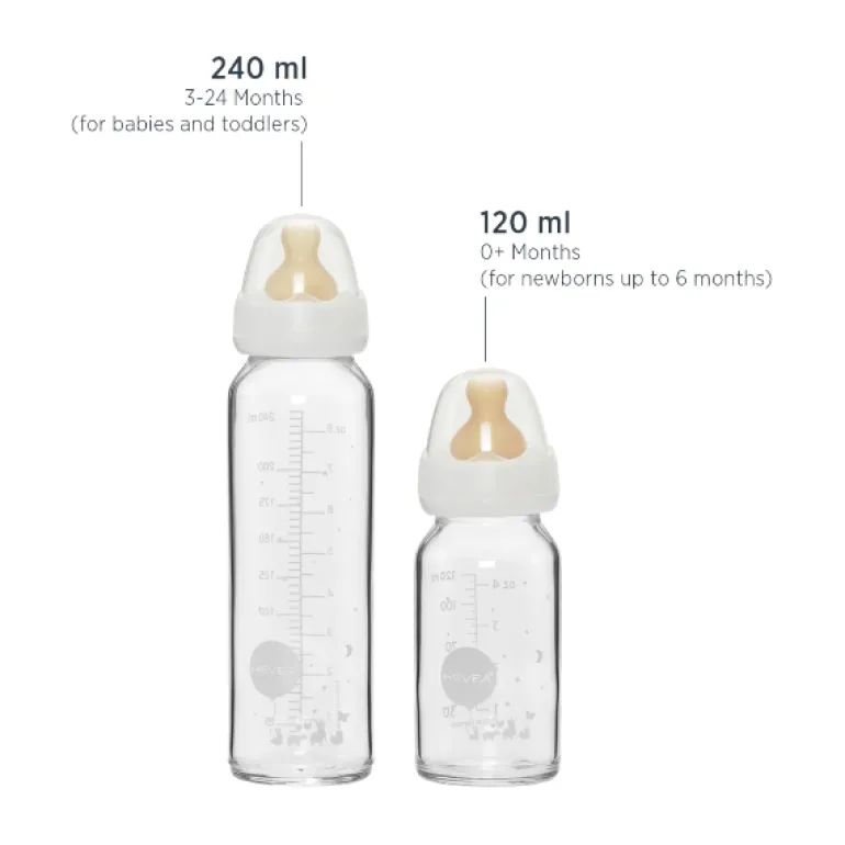 Hevea Standard Neck Glass Baby Bottles- 120ML/ 4oz, Two-Pack