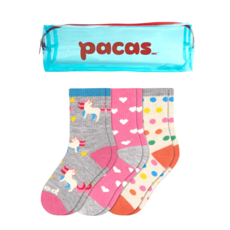 Pacas Kids' Crew Socks 3 Pack- Unicorn/Hearts/Dots