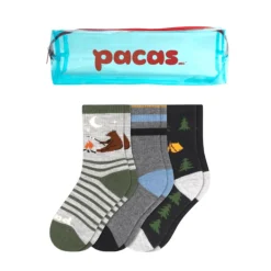 Pacas Kids' Crew Socks 3 Pack- Camping/Double Stripe/Trees